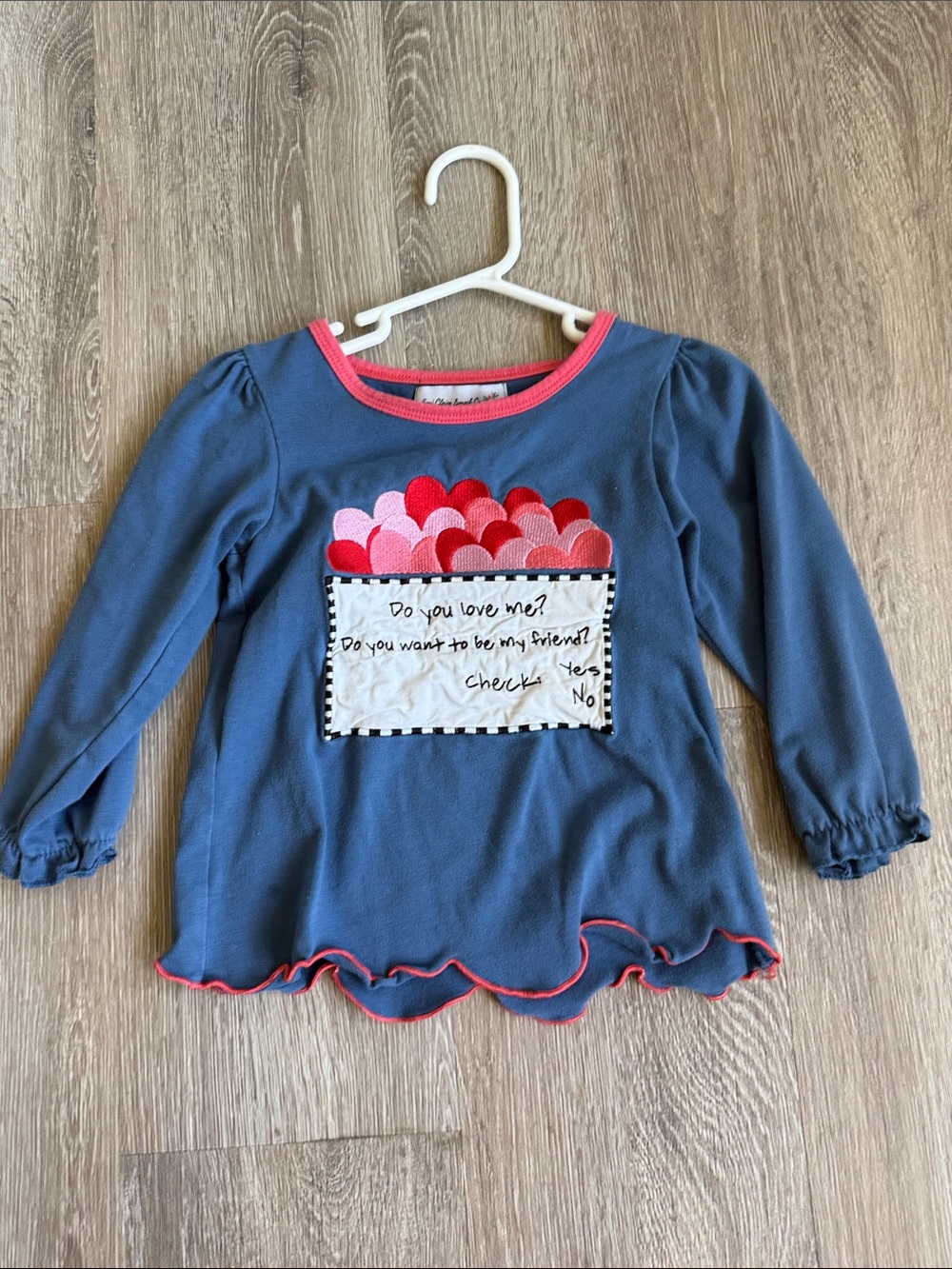 Girls Blue Long-Sleeve Heart Patch Tee with Pink Trim